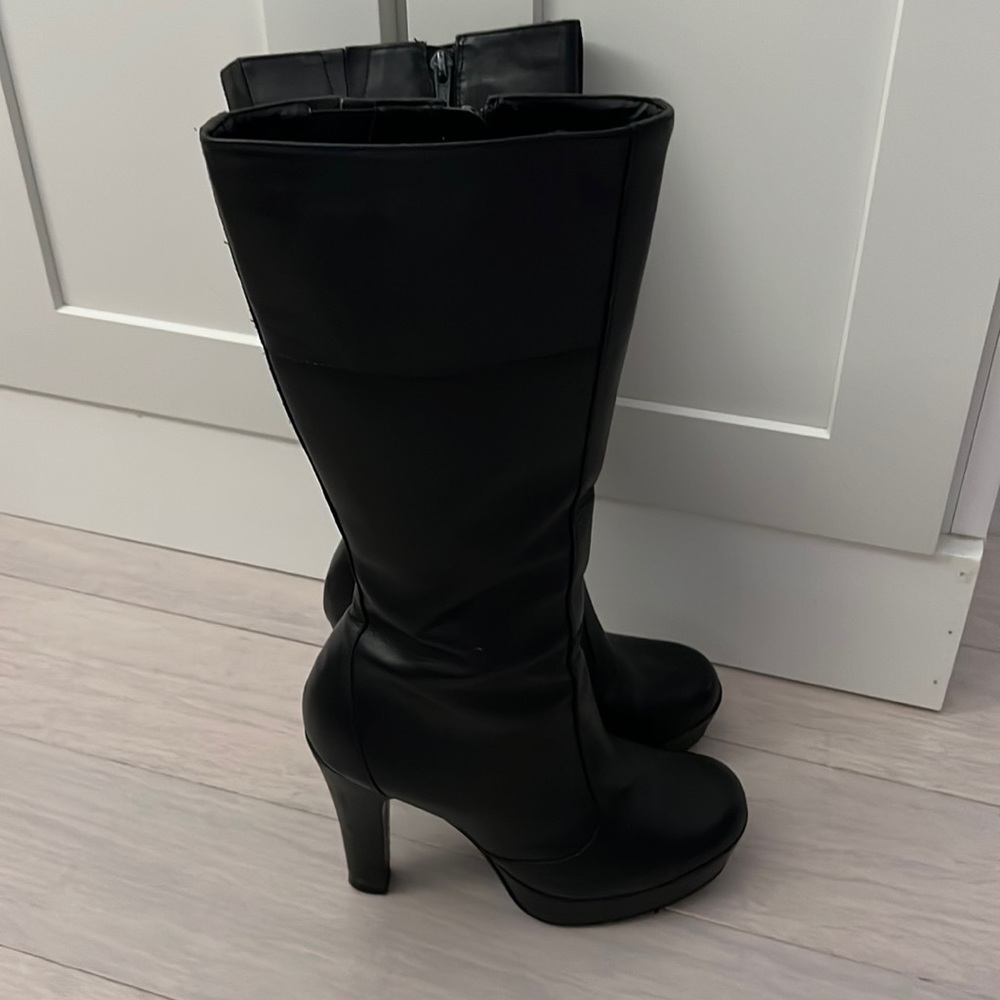 Vintage Steve Madden Black Genuine Leather Mid Calf Knee High Boots 8.5 SYCHO